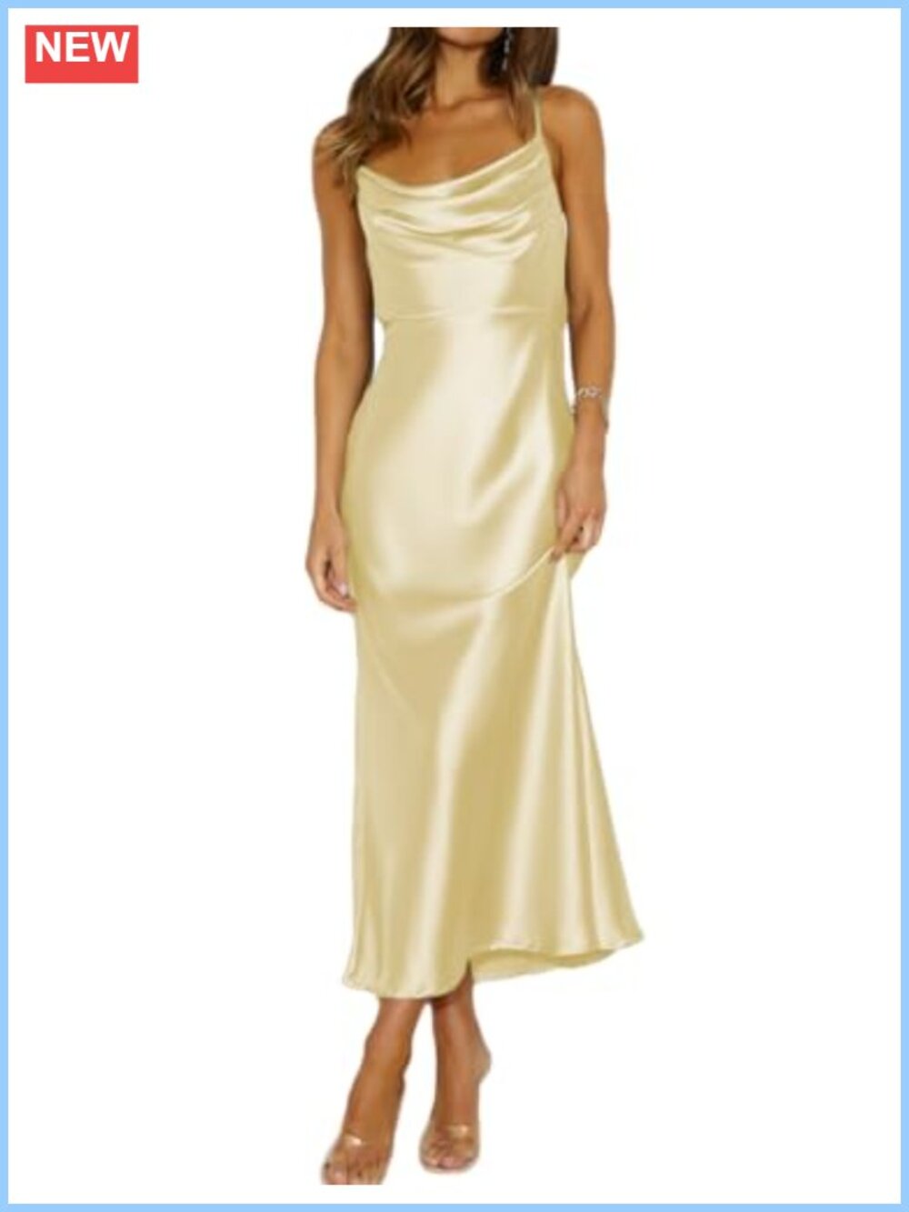 Satin Cowl Neck Backless Midi Dress Spaghetti Strap Wedding Guest